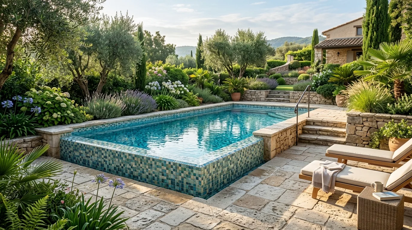 Semi Inground Pool With Mosaic Tile Interior